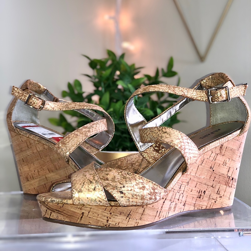 Wedge Heel Strappy Sandals Gold Cork Wedge